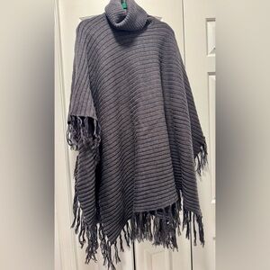 Gray Ribbed Heavy Knit Long Turtleneck Poncho w/Fringe - One Size